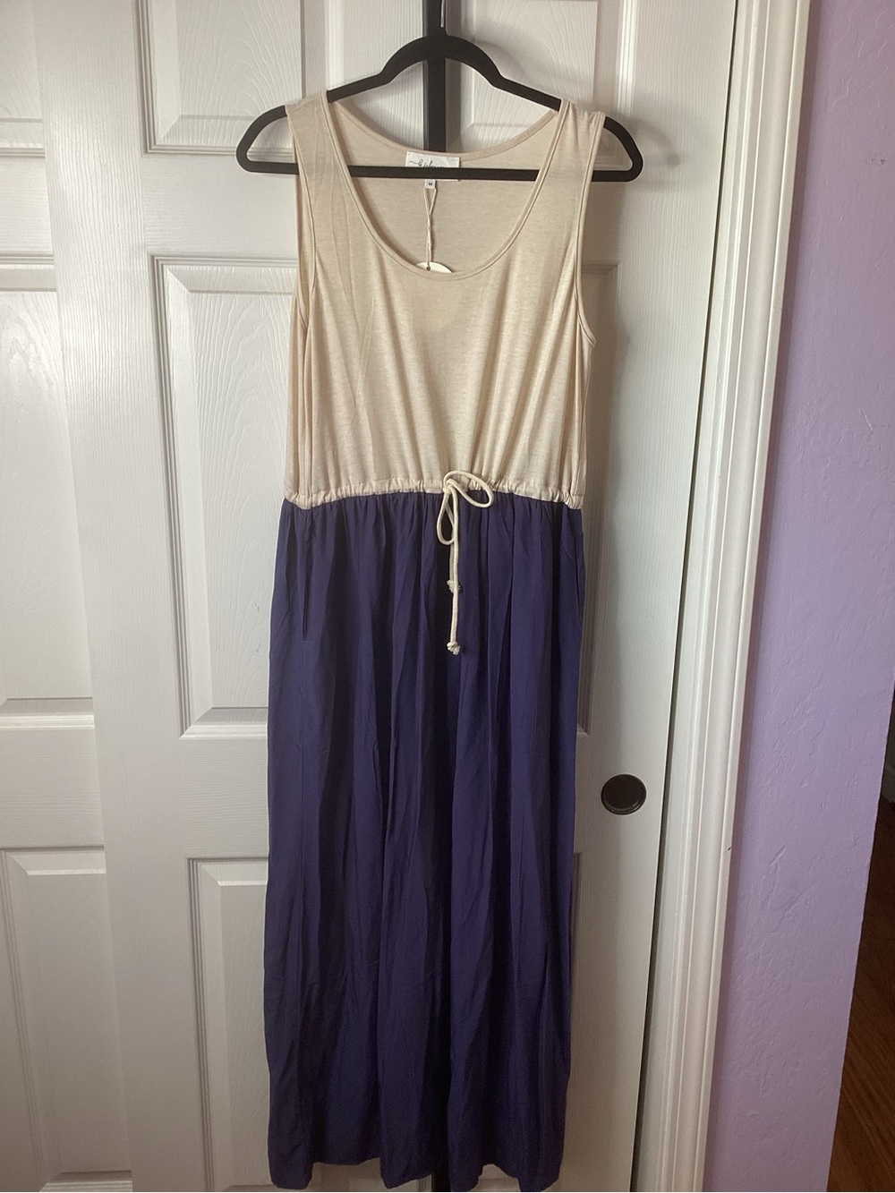 Sleeveless Cream and Navy Drawstring Maxi Dress, size Medium, NWT